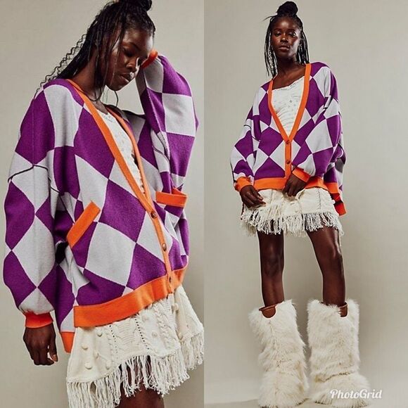 Revolve We The Free People Manny Cardi in Purple ArgyleV-Neck Cardigan